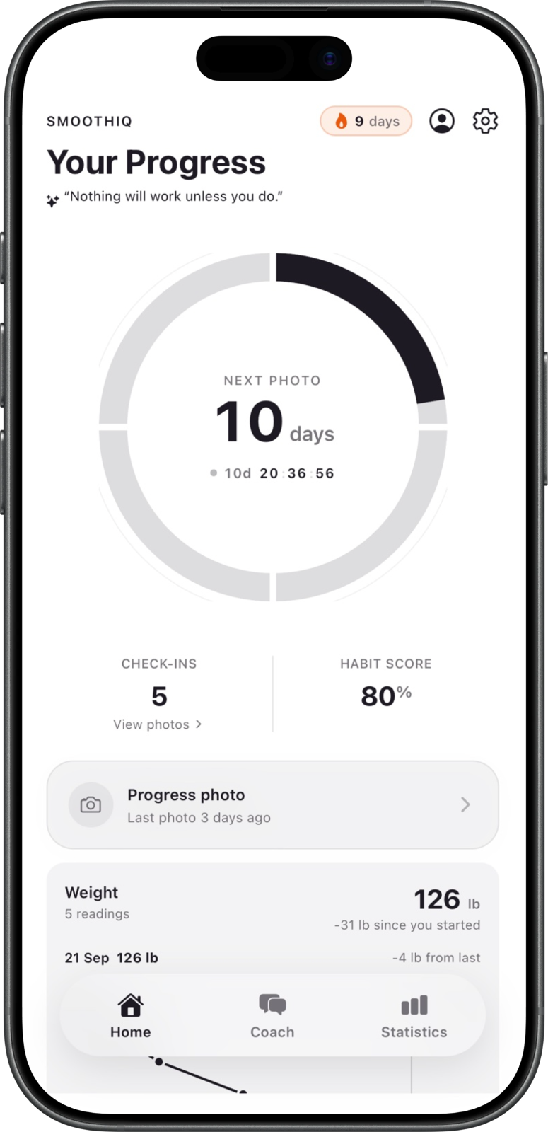 TensaSkin home screen: the countdown to your next progress photo, check-ins, habit score and weight