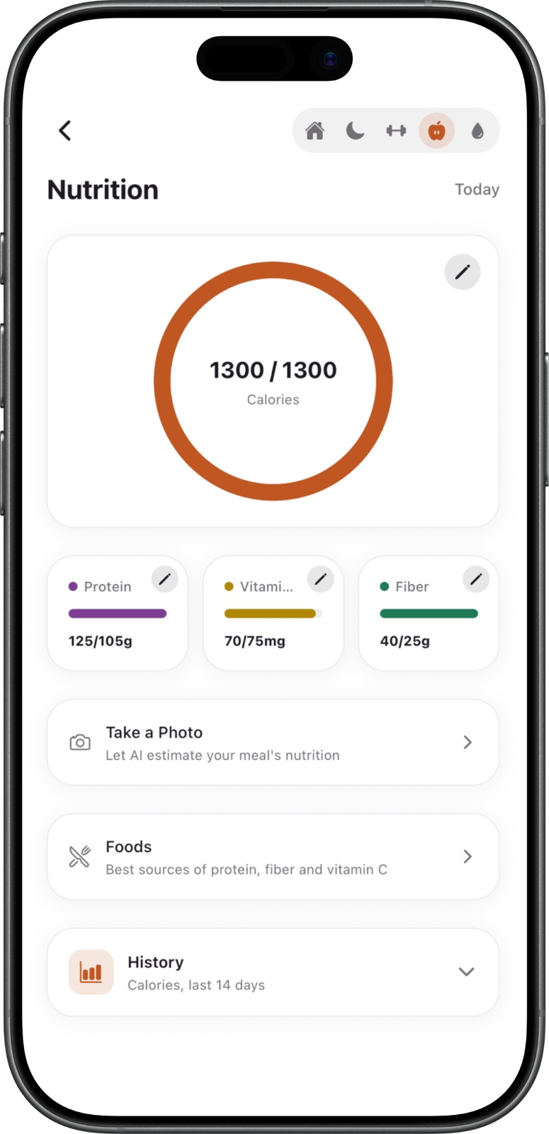 TensaSkin nutrition screen: calories against target, protein, vitamin C and fiber bars, and a photo button to estimate a meal