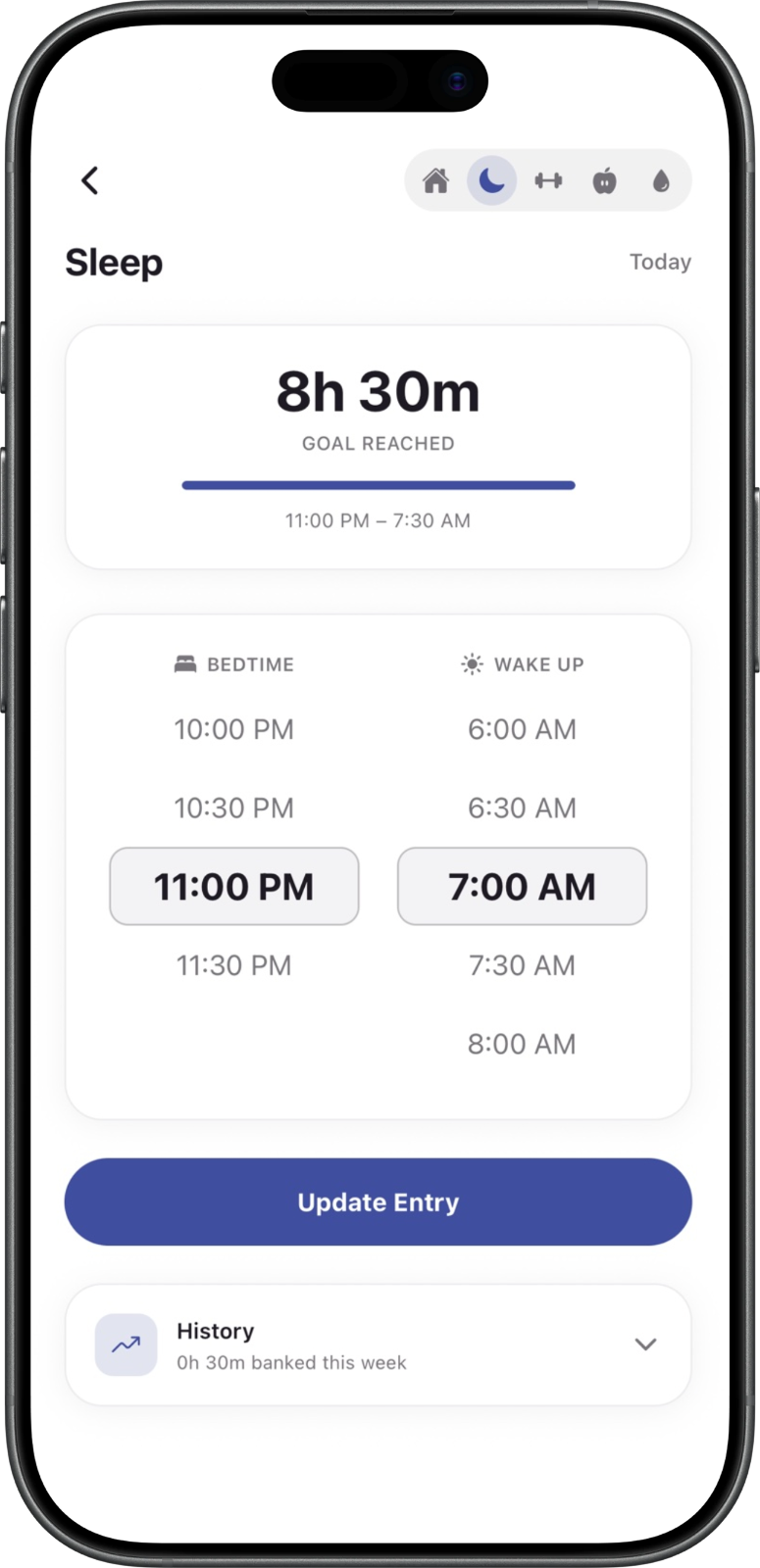 TensaSkin sleep screen: bedtime and wake-up pickers, hours slept and the weekly total